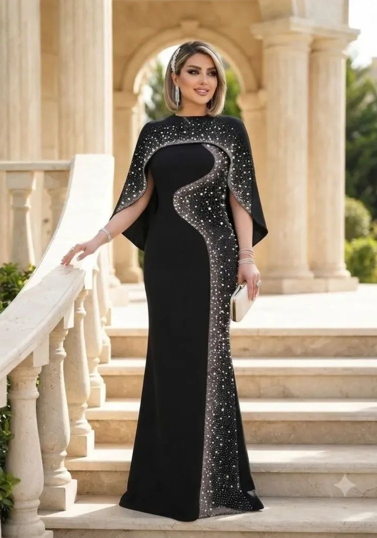 ماکسی مجلسی کارشده شنل دار زنانه